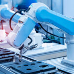 Automatic industrial robotic robot working, industry 4.0 and technology concept