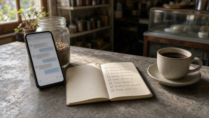 Celular con un chat junto a un cuaderno y un café en el mesón de un almacén