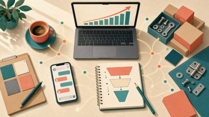Escritorio de ventas con laptop, gráfico y asistente de IA