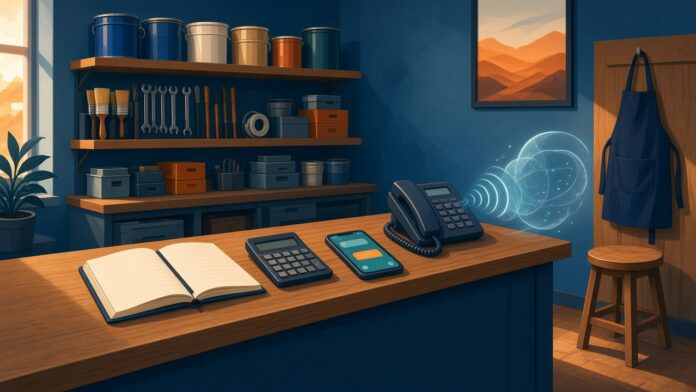 Mesón de una ferretería con un cuaderno de pedidos, una calculadora, un celular y un teléfono conectado a una onda de inteligencia artificial, junto a un piso vacío y un delantal de vendedor colgado