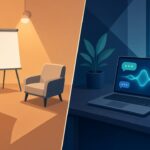 El role play que nadie quiere hacer: practicar ventas frente a colegas o frente a una IA Ilustración dividida: a un lado una sala con dos sillones enfrentados, un rotafolio y un café; al otro, un notebook con burbujas de conversación y una onda de inteligencia artificial junto a unos audífonos
