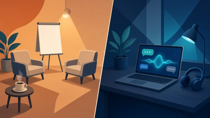 Ilustración dividida: a un lado una sala con dos sillones enfrentados, un rotafolio y un café; al otro, un notebook con burbujas de conversación y una onda de inteligencia artificial junto a unos audífonos