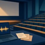 Hablar en público asusta más que la prueba: lo que están haciendo las universidades con simulaciones de IA Auditorio universitario vacío con un atril y un micrófono frente a filas de butacas, y en primer plano un notebook que muestra una conversación en burbujas y una onda de voz