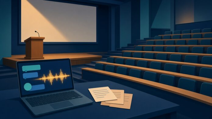 Auditorio universitario vacío con un atril y un micrófono frente a filas de butacas, y en primer plano un notebook que muestra una conversación en burbujas y una onda de voz