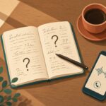 Once preguntas, ni una más: el mito de la fórmula perfecta en la primera llamada de venta Escritorio visto desde arriba con un cuaderno lleno de signos de pregunta, un café, un reloj de arena y un celular mostrando una llamada en curso