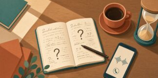 Once preguntas, ni una más: el mito de la fórmula perfecta en la primera llamada de venta Escritorio visto desde arriba con un cuaderno lleno de signos de pregunta, un café, un reloj de arena y un celular mostrando una llamada en curso