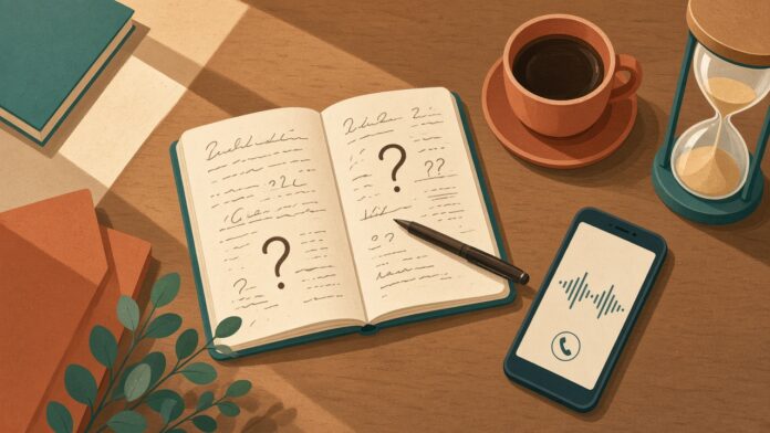 Escritorio visto desde arriba con un cuaderno lleno de signos de pregunta, un café, un reloj de arena y un celular mostrando una llamada en curso
