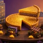 ¿Quién se lleva la tajada? El reparto de la productividad que promete la IA Ilustración de un pastel dorado con circuitos: una gran tajada va hacia un rascacielos en miniatura y trozos pequeños quedan junto a almacenes y talleres de barrio