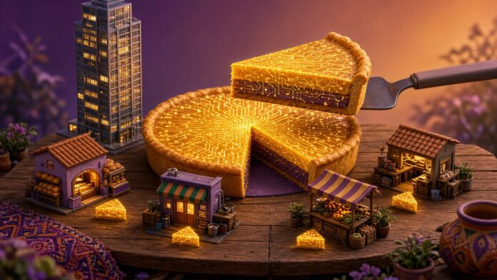 Ilustración de un pastel dorado con circuitos: una gran tajada va hacia un rascacielos en miniatura y trozos pequeños quedan junto a almacenes y talleres de barrio